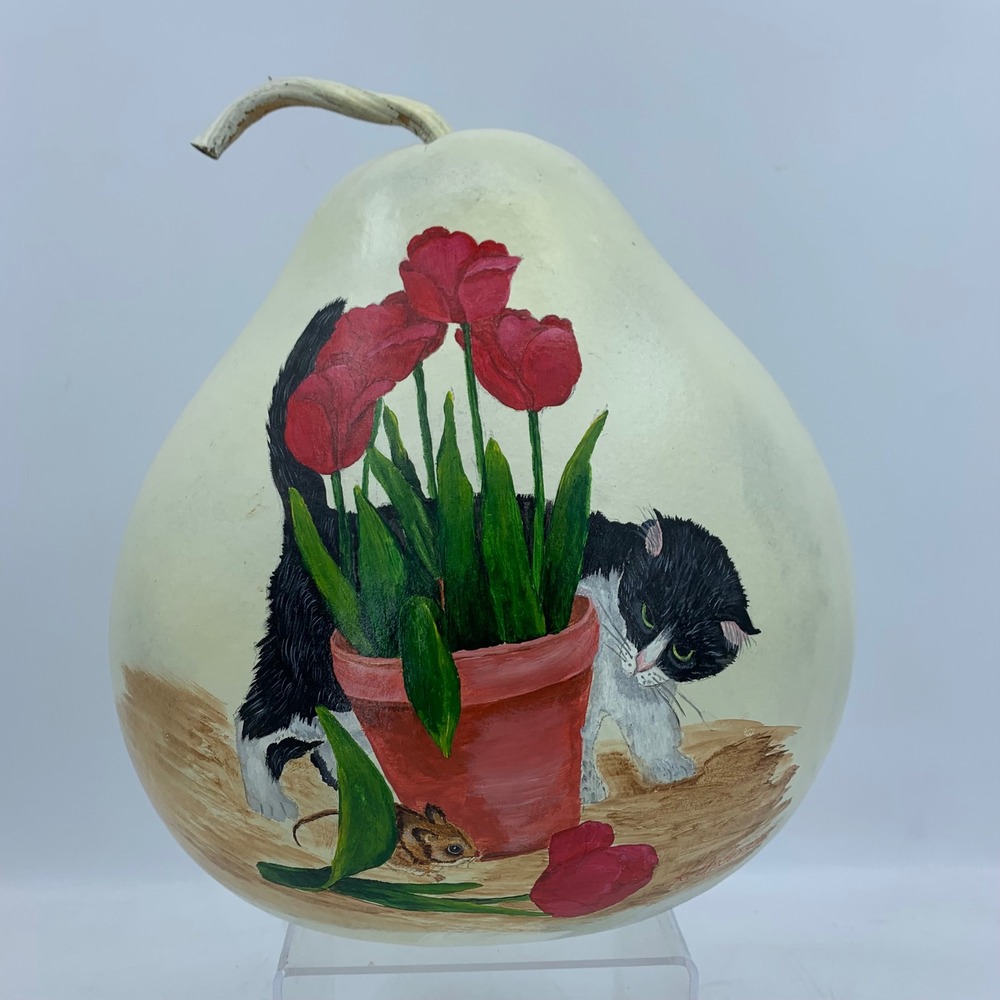 K. Anderson Hand Painted Natural Gourd Folk Art Tuxedo Cat Red Tulips Mouse